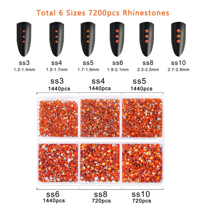 Beadsland 7200pcs Flatback Rhinestones,Nail Gems Round Crystal Rhinestones for Crafts,Mixed 6 Sizes with Wax Pencil Kit, SS3-SS10- Orange