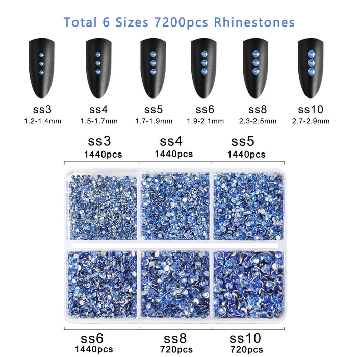 Beadsland 7200pcs Flatback Rhinestones,Nail Gems Round Crystal Rhinestones for Crafts,Mixed 6 Sizes with Wax Pencil Kit, SS3-SS10- Light Sapphire