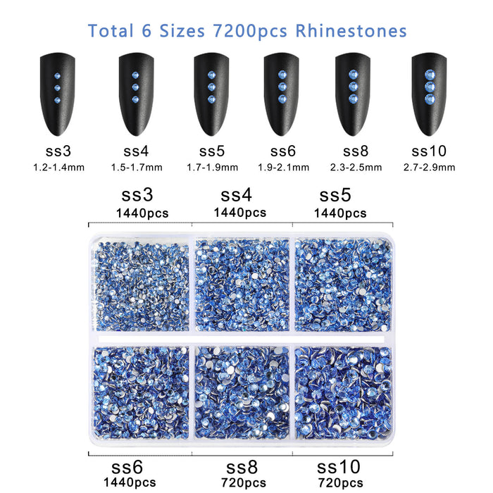 Beadsland 7200 Stück Strasssteine ​​mit flacher Rückseite, Nagelsteine, runde Kristall-Strasssteine ​​zum Basteln, gemischt in 6 Größen mit Wachsstift-Set, SS3–SS10 – heller Saphir