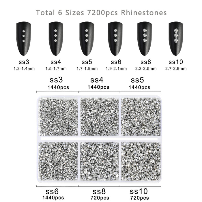Beadsland 7200 piezas de diamantes de imitación con reverso plano, gemas para uñas, diamantes de imitación de cristal redondos para manualidades, 6 tamaños mezclados con kit de lápiz de cera, SS3-SS10, hematita plateada