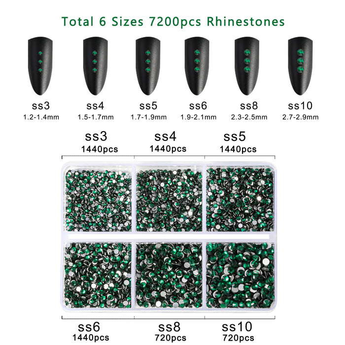 Beadsland 7200 piezas de diamantes de imitación con reverso plano, gemas para uñas, diamantes de imitación de cristal redondos para manualidades, 6 tamaños mezclados con kit de lápiz de cera, SS3-SS10- esmeralda