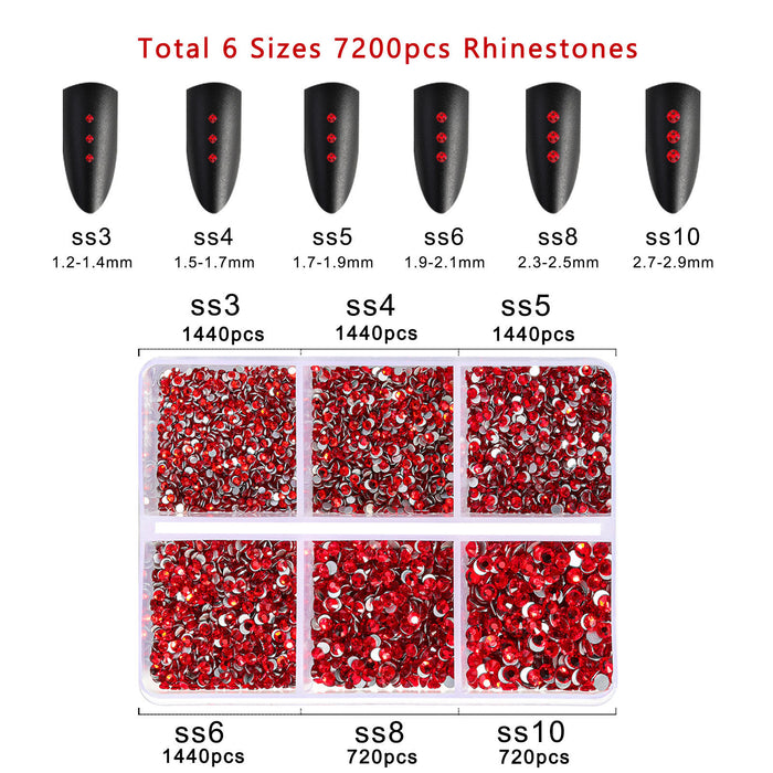 Beadsland 7200pcs Flatback Rhinestones,Nail Gems Round Crystal Rhinestones for Crafts,Mixed 6 Sizes with Wax Pencil Kit, SS3-SS10- Light Siam
