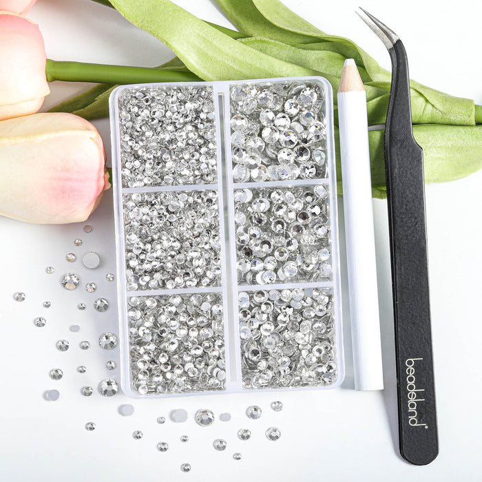 Beadsland 4300 piezas de diamantes de imitación con reverso plano, gemas para uñas, diamantes de imitación de cristal redondos para manualidades, mezcla de 6 tamaños con pinzas para recoger y kit de lápiz de cera, cristal