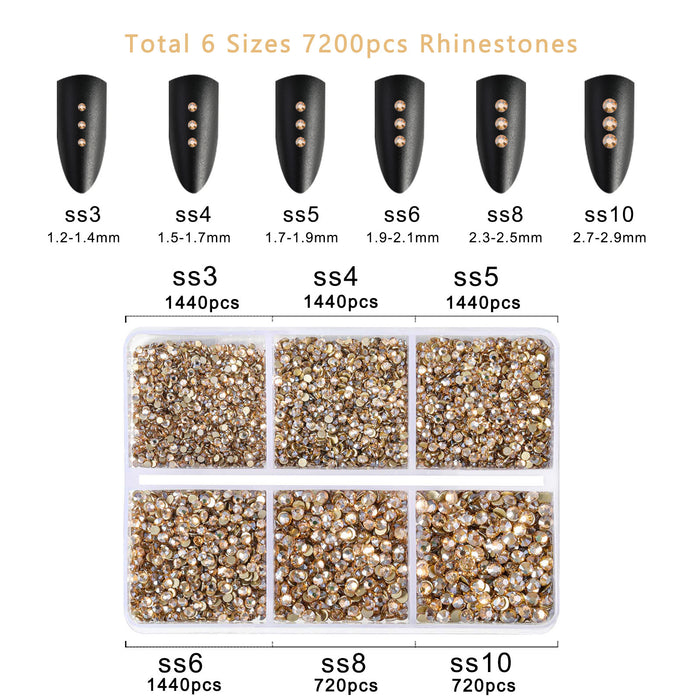 Beadsland 7200pcs Flatback Rhinestones,Nail Gems Round Crystal Rhinestones for Crafts,Mixed 6 Sizes with Wax Pencil Kit, SS3-SS10- Golden Shadow