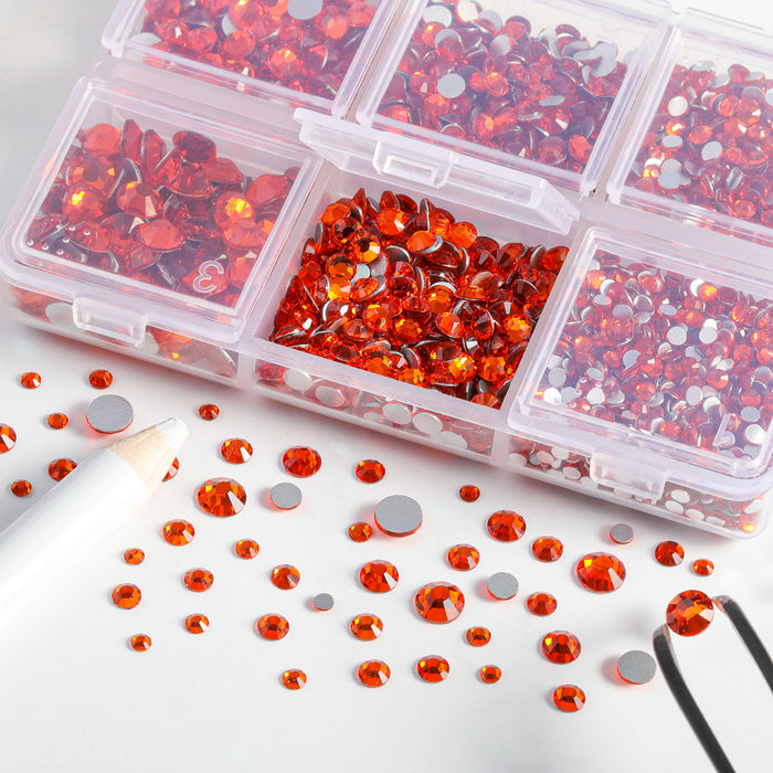 Beadsland 4300 piezas de diamantes de imitación con reverso plano, gemas para uñas, diamantes de imitación de cristal redondos para manualidades, mezcla de 6 tamaños con pinzas para recoger y kit de lápiz de cera, naranja