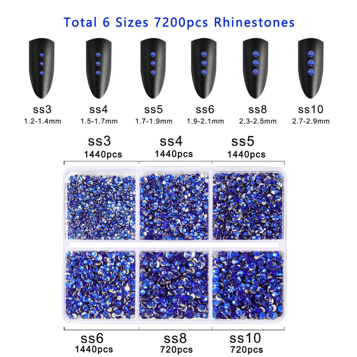 Beadsland 7200 piezas de diamantes de imitación con reverso plano, gemas para uñas, diamantes de imitación de cristal redondos para manualidades, 6 tamaños mezclados con kit de lápiz de cera, SS3-SS10- Zafiro