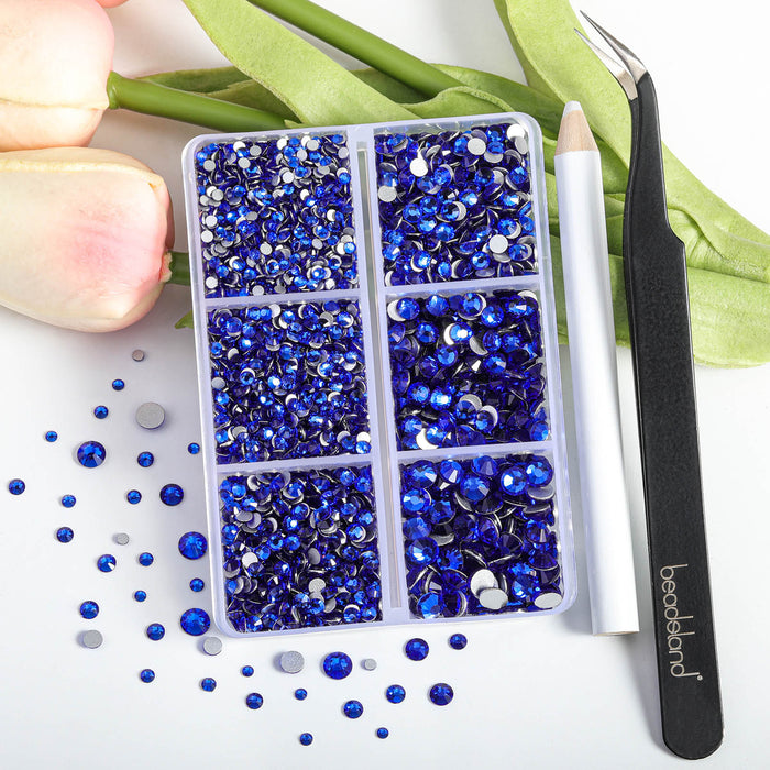 Beadsland 4300pcs Flatback Rhinestones,  Nail Gems Round Crystal Rhinestones for Crafts,Mixed 6 Sizes with Picking Tweezers and Wax Pencil Kit- Sapphire