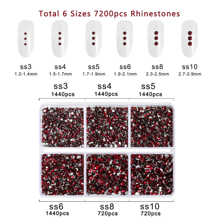 Beadsland 7200 Stück Strasssteine ​​mit flacher Rückseite, Nagelsteine, runde Kristall-Strasssteine ​​zum Basteln, gemischt in 6 Größen mit Wachsstift-Set, SS3–SS10 – dunkles Siam
