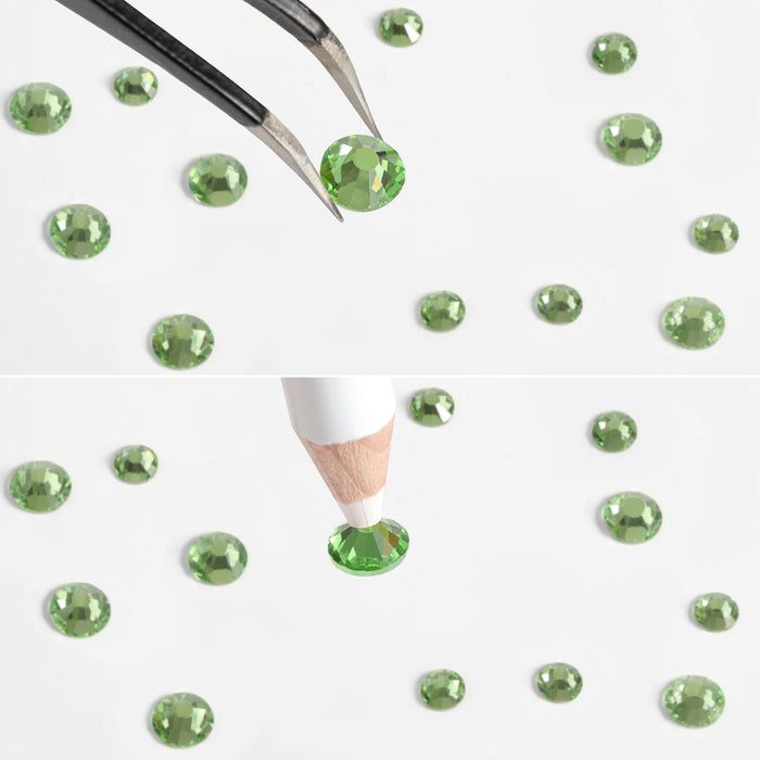 Beadsland Rhinestones for Makeup,8 sizes 2500pcs Flatback Rhinestones Face Gems for Nails Crafts with Tweezers and Wax Pencil- Light Green/Peridot