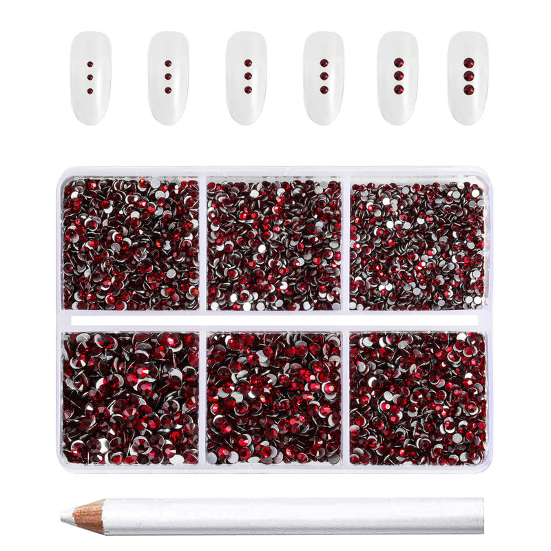 Beadsland 7200pcs Flatback Rhinestones,Nail Gems Round Crystal Rhinestones for Crafts,Mixed 6 Sizes with Wax Pencil Kit, SS3-SS10- Dark Siam