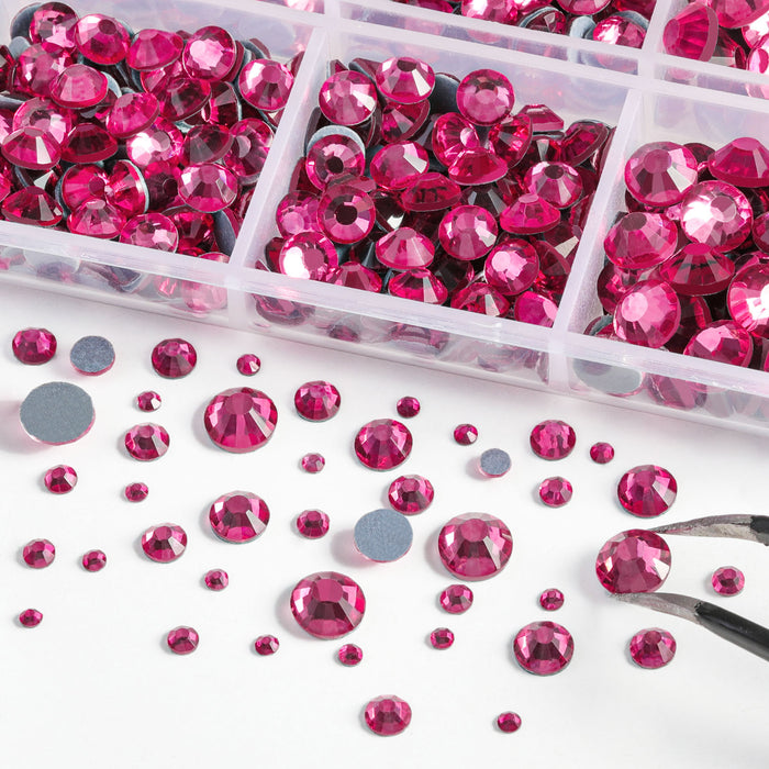 6736 piezas de diamantes de imitación Hotfix para manualidades, ropa, mezcla de 5 tamaños, cristales Hotfix con pinzas y kit de lápiz de cera, SS6-SS30- Rose