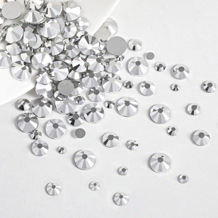 Beadsland Diamantes de imitación para maquillaje, 8 tamaños, 2500 piezas, diamantes de imitación con reverso plano, gemas para la cara para uñas, manualidades con pinzas y lápiz de cera, hematita plateada