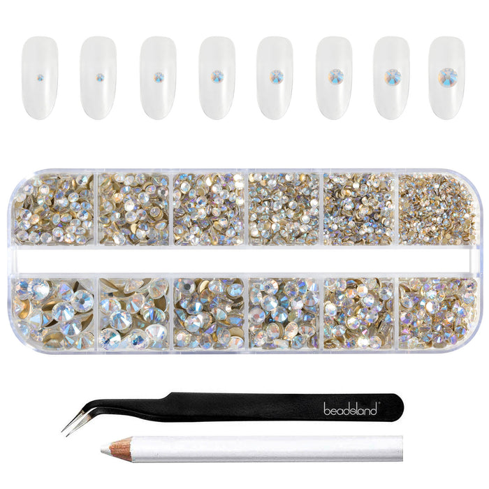 Beadsland Rhinestones for Makeup,8 sizes 2500pcs Flatback Rhinestones Face Gems for Nails Crafts with Tweezers and Wax Pencil- Blue Moonlight