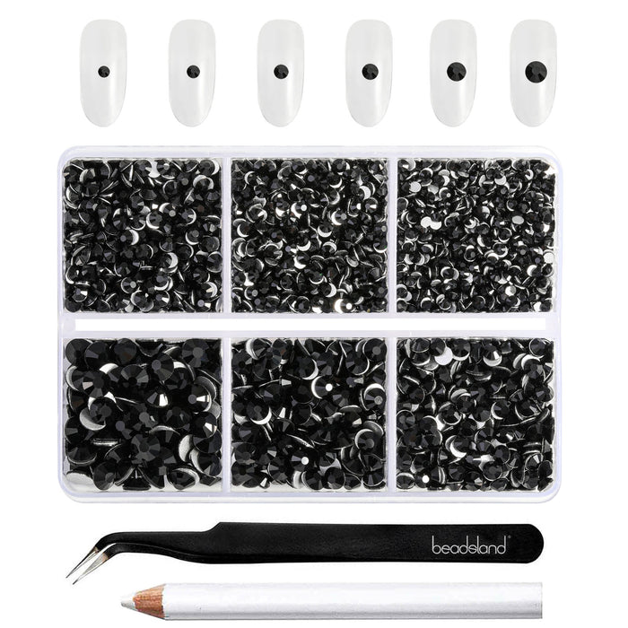 Beadsland 4300 piezas de diamantes de imitación con reverso plano, gemas para uñas, diamantes de imitación de cristal redondos para manualidades, mezcla de 6 tamaños con pinzas para recoger y kit de lápiz de cera, color negro