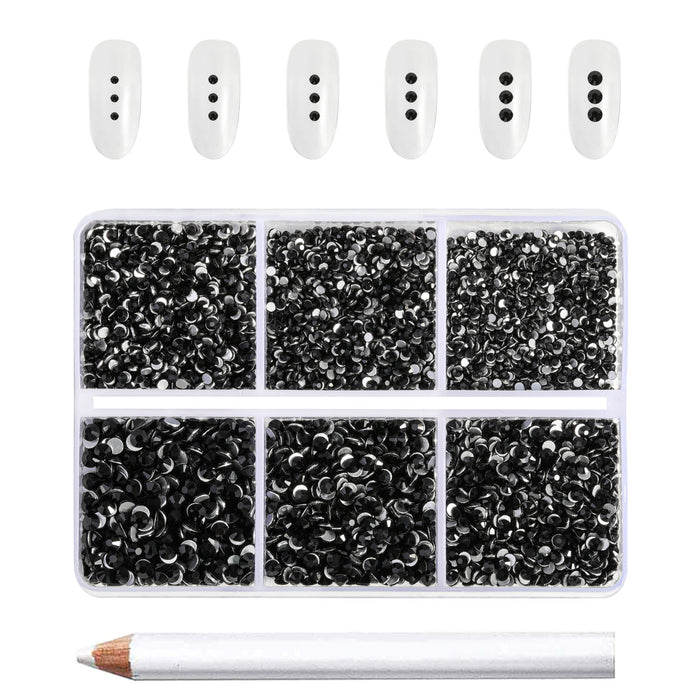 Beadsland 7200 piezas de diamantes de imitación con reverso plano, gemas para uñas, diamantes de imitación de cristal redondos para manualidades, 6 tamaños mezclados con kit de lápiz de cera, SS3-SS10- negro