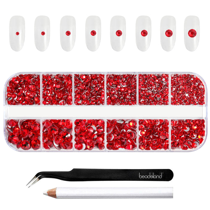 Beadsland Rhinestones for Makeup,8 sizes 2500pcs Flatback Rhinestones Face Gems for Nails Crafts with Tweezers and Wax Pencil- Light Siam