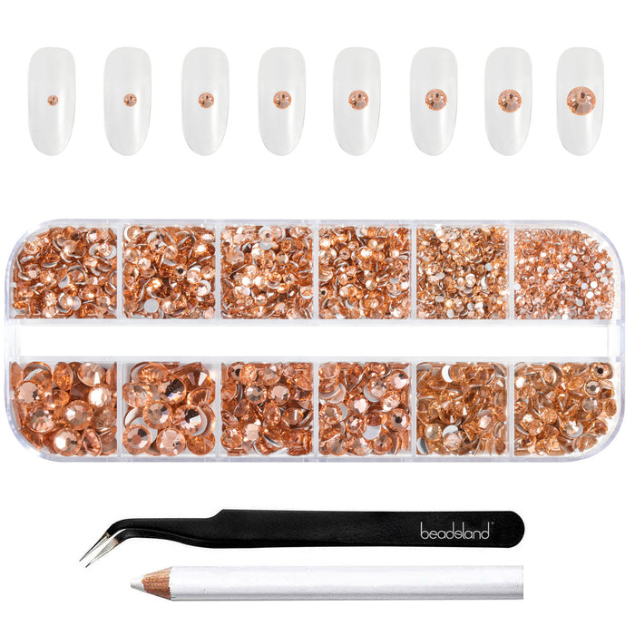 Beadsland Strasssteine ​​für Make-up, 8 Größen, 2500 Stück Strasssteine ​​mit flacher Rückseite, Gesichtsedelsteine ​​für Nägel, Basteln mit Pinzette und Wachsstift – Hellpfirsich