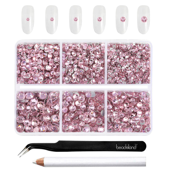 Beadsland 4300 piezas de diamantes de imitación con reverso plano, gemas para uñas, diamantes de imitación de cristal redondos para manualidades, mezcla de 6 tamaños con pinzas para recoger y kit de lápiz de cera, color rosa claro