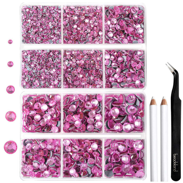 6736 piezas de diamantes de imitación Hotfix para manualidades, ropa, mezcla de 5 tamaños, cristales Hotfix con pinzas y kit de lápiz de cera, SS6-SS30- rosa oscuro