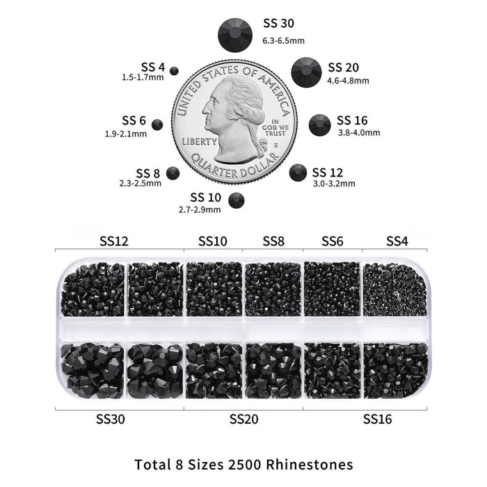 Beadsland Rhinestones for Makeup,8 sizes 2500pcs Flatback Rhinestones Face Gems for Nails Crafts with Tweezers and Wax Pencil- Black