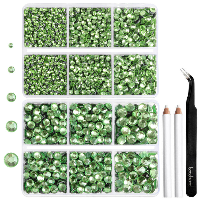 6736 piezas de diamantes de imitación Hotfix para manualidades, ropa, mezcla de 5 tamaños, cristales Hotfix con pinzas y kit de lápiz de cera, SS6-SS30- verde claro