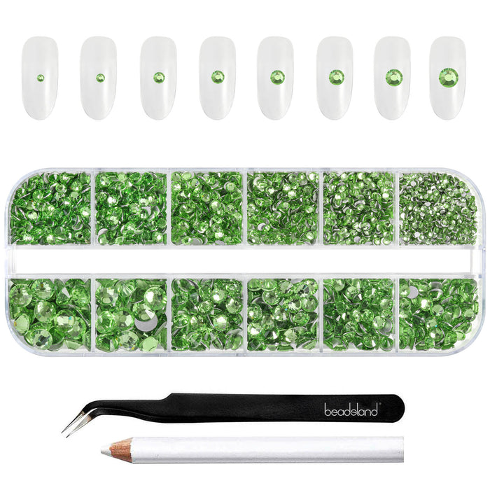 Beadsland Rhinestones for Makeup,8 sizes 2500pcs Flatback Rhinestones Face Gems for Nails Crafts with Tweezers and Wax Pencil- Light Green/Peridot