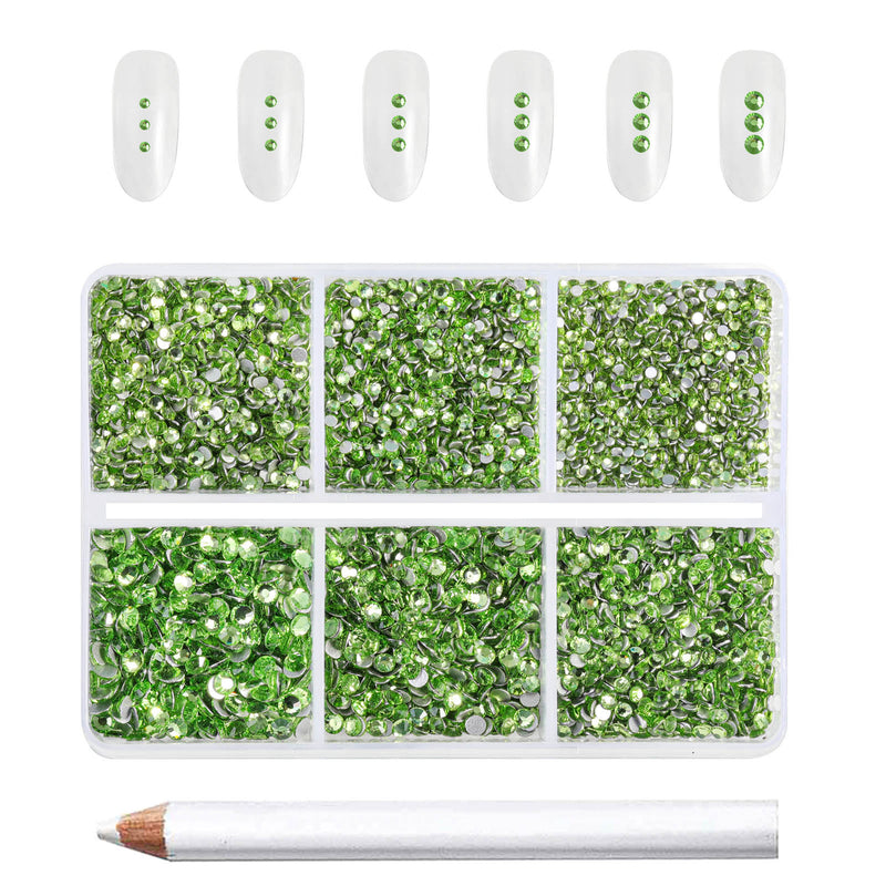 Beadsland 7200pcs Flatback Rhinestones,Nail Gems Round Crystal Rhinestones for Crafts,Mixed 6 Sizes with Wax Pencil Kit, SS3-SS10- Light Green/Peridot