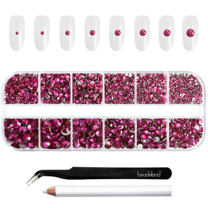 Beadsland Rhinestones for Makeup,8 sizes 2500pcs Flatback Rhinestones Face Gems for Nails Crafts with Tweezers and Wax Pencil- Fuchsia