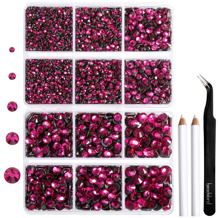 6736pcs Hotfix Rhinestones for Crafts Clothes Mixed 5 Sizes, Hotfix Crystals with Tweezers and Wax Pencil Kit, SS6-SS30- Fuchsia