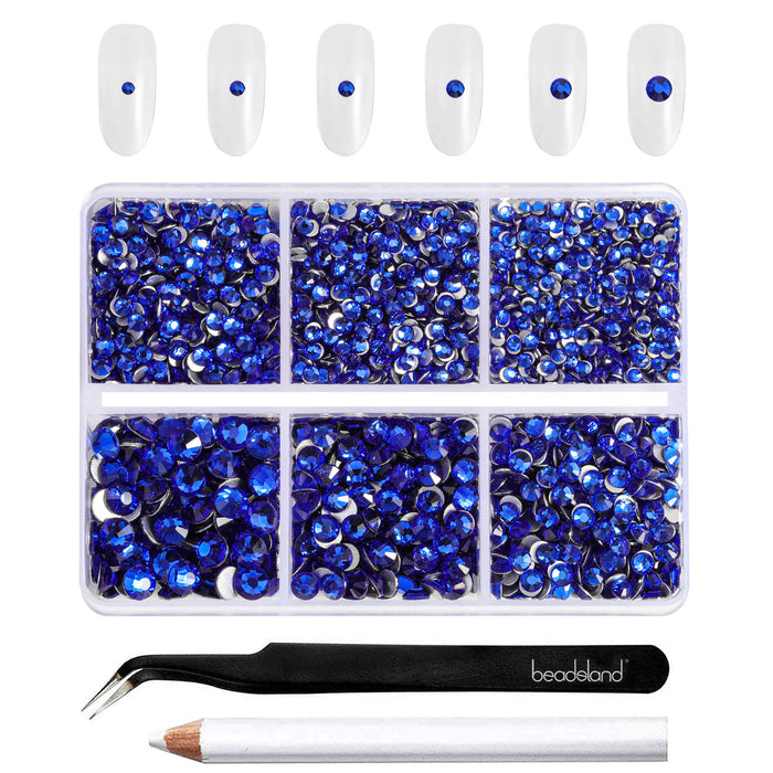 Beadsland 4300pcs Flatback Rhinestones,  Nail Gems Round Crystal Rhinestones for Crafts,Mixed 6 Sizes with Picking Tweezers and Wax Pencil Kit- Sapphire