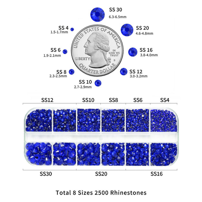 Beadsland Strasssteine ​​für Make-up, 8 Größen, 2500 Stück, flache Rückseite, Gesichtssteine ​​für Nägel, Basteln mit Pinzette und Wachsstift – Saphir
