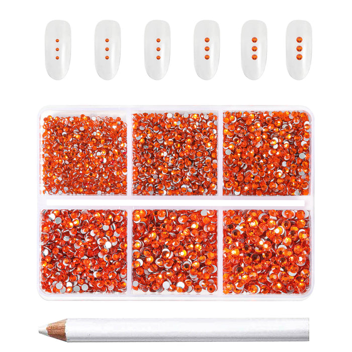 Beadsland 7200pcs Flatback Rhinestones,Nail Gems Round Crystal Rhinestones for Crafts,Mixed 6 Sizes with Wax Pencil Kit, SS3-SS10- Orange