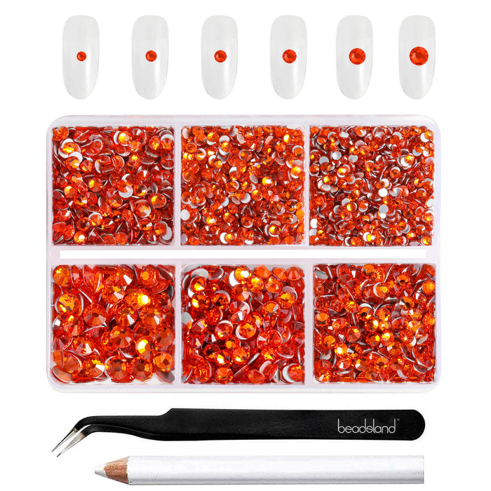 Beadsland 4300 Stück Strasssteine ​​mit flacher Rückseite, Nagelsteine, runde Kristall-Strasssteine ​​zum Basteln, gemischt in 6 Größen, mit Picking-Pinzette und Wachsstift-Set – Orange