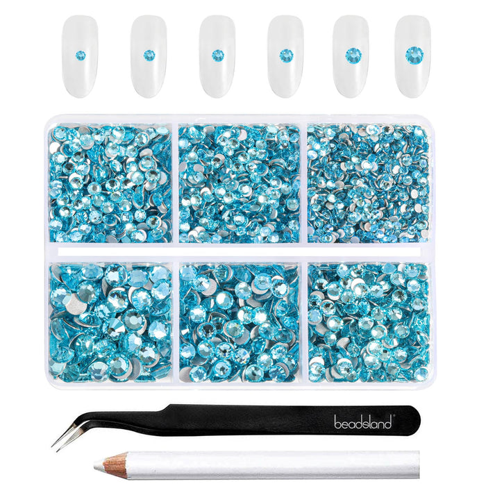 Beadsland 4300pcs Flatback Rhinestones,  Nail Gems Round Crystal Rhinestones for Crafts,Mixed 6 Sizes with Picking Tweezers and Wax Pencil Kit- Aquamarine