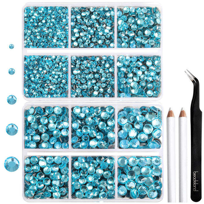 6736 piezas de diamantes de imitación Hotfix para manualidades, ropa, mezcla de 5 tamaños, cristales Hotfix con pinzas y kit de lápiz de cera, SS6-SS30- aguamarina