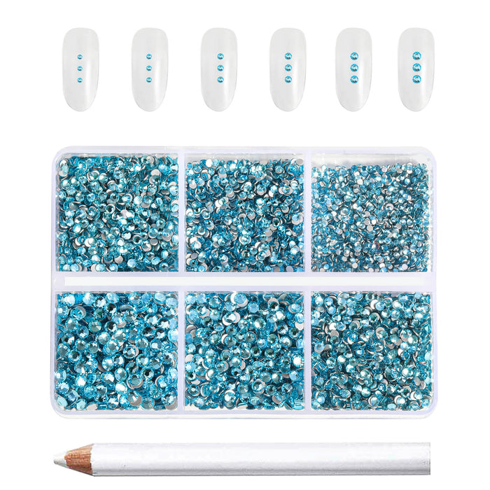 Beadsland 7200 piezas de diamantes de imitación con reverso plano, gemas para uñas, diamantes de imitación de cristal redondos para manualidades, 6 tamaños mezclados con kit de lápiz de cera, SS3-SS10- Aguamarina