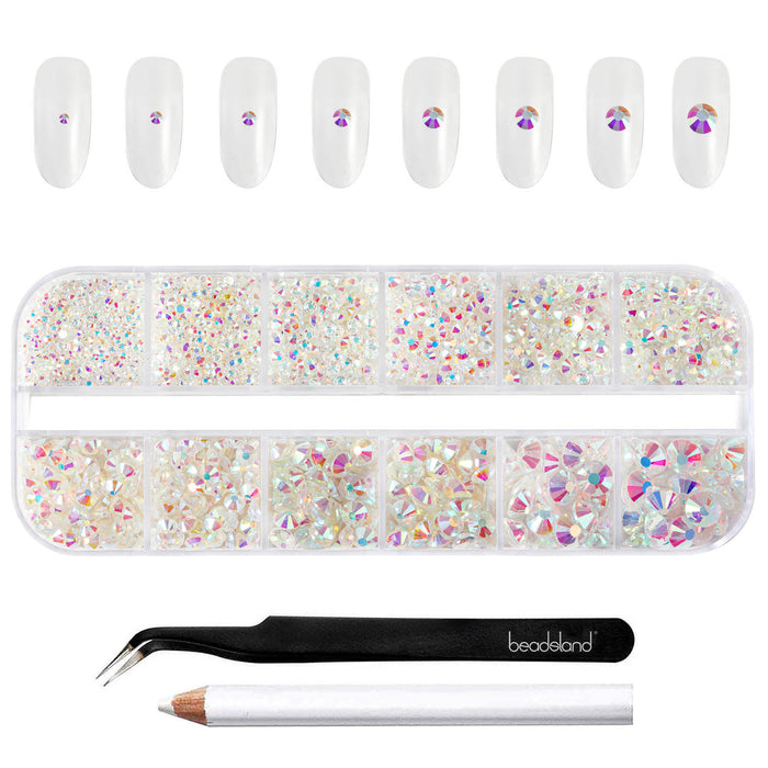 Beadsland Strasssteine ​​für Make-up, 8 Größen, 2500 Stück, flache Rückseite, Gesichtssteine, für Nägel, Basteln mit Pinzette und Wachsstift, transparent AB