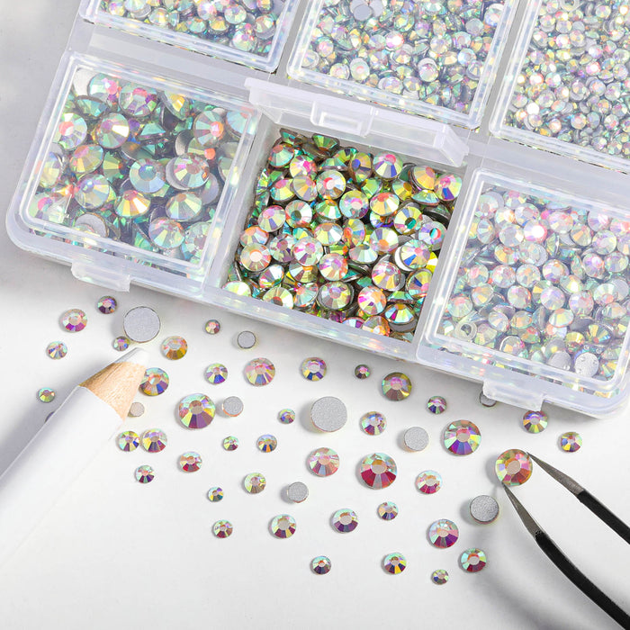 Beadsland 4300 piezas de diamantes de imitación con reverso plano, gemas para uñas, diamantes de imitación de cristal redondos para manualidades, mezcla de 6 tamaños con pinzas para recoger y kit de lápiz de cera, cristal AB