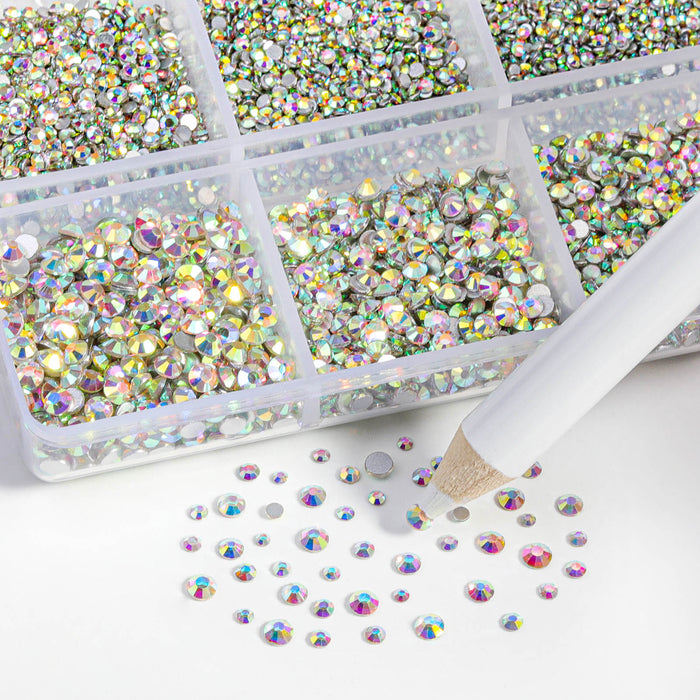 Beadsland 7200 piezas de diamantes de imitación con reverso plano, gemas para uñas, diamantes de imitación de cristal redondos para manualidades, 6 tamaños mezclados con kit de lápiz de cera, SS3-SS10- Crystal AB