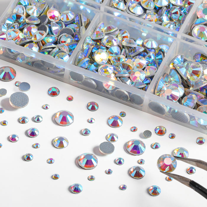 6736 piezas de diamantes de imitación Hotfix para manualidades, ropa, mezcla de 5 tamaños, cristales Hotfix con pinzas y kit de lápiz de cera, SS6-SS30- Clear AB