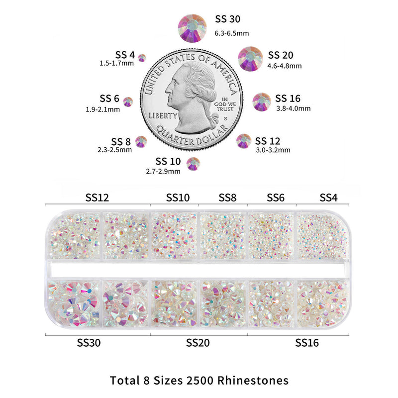 Beadsland Rhinestones for Makeup,8 sizes 2500pcs Flatback Rhinestones Face Gems for Nails Crafts with Tweezers and Wax Pencil- Transparent AB