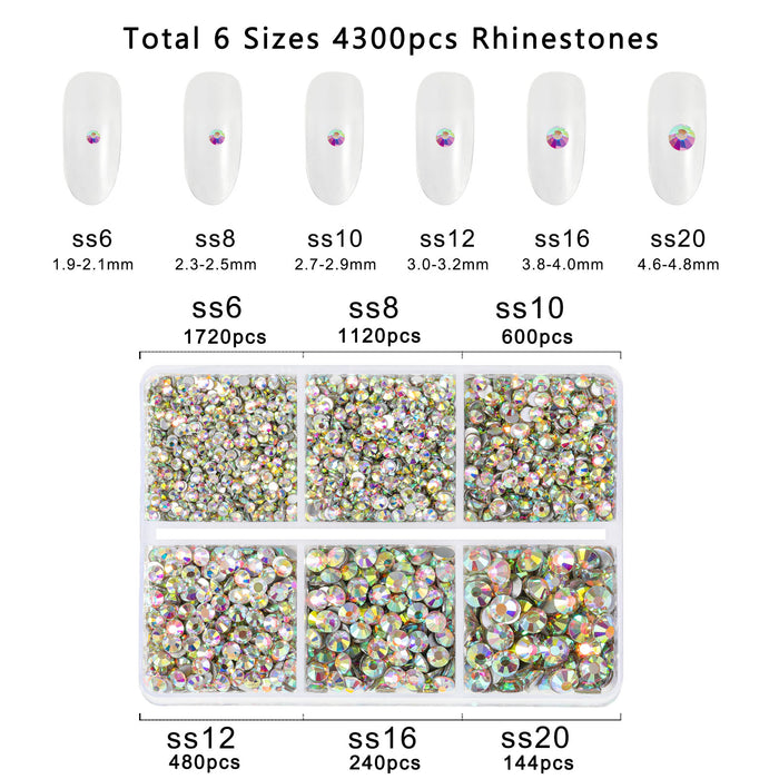 Beadsland 4300pcs Flatback Rhinestones,  Nail Gems Round Crystal Rhinestones for Crafts,Mixed 6 Sizes with Picking Tweezers and Wax Pencil Kit- Crystal AB