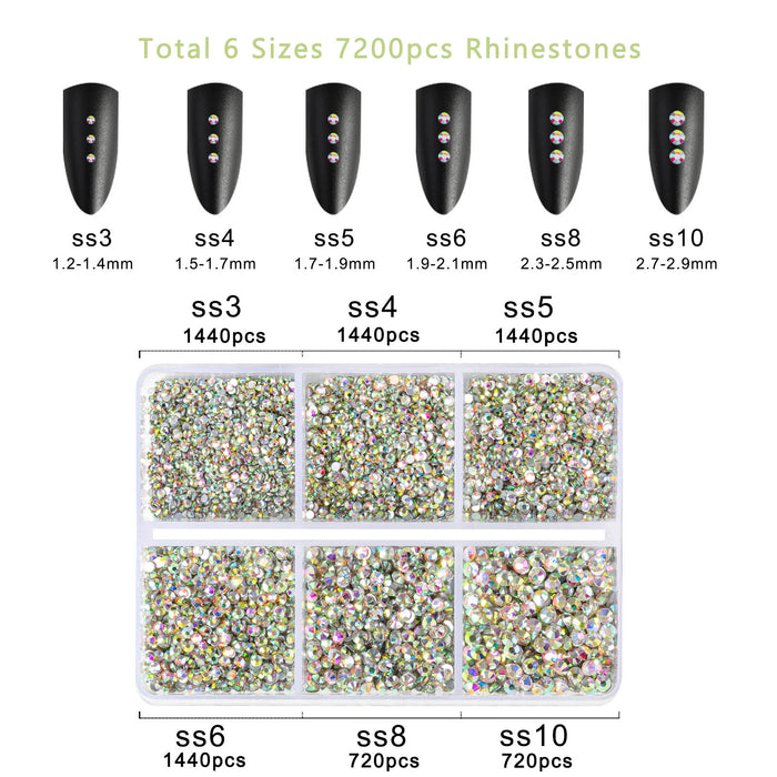 Beadsland 7200 piezas de diamantes de imitación con reverso plano, gemas para uñas, diamantes de imitación de cristal redondos para manualidades, 6 tamaños mezclados con kit de lápiz de cera, SS3-SS10- Crystal AB