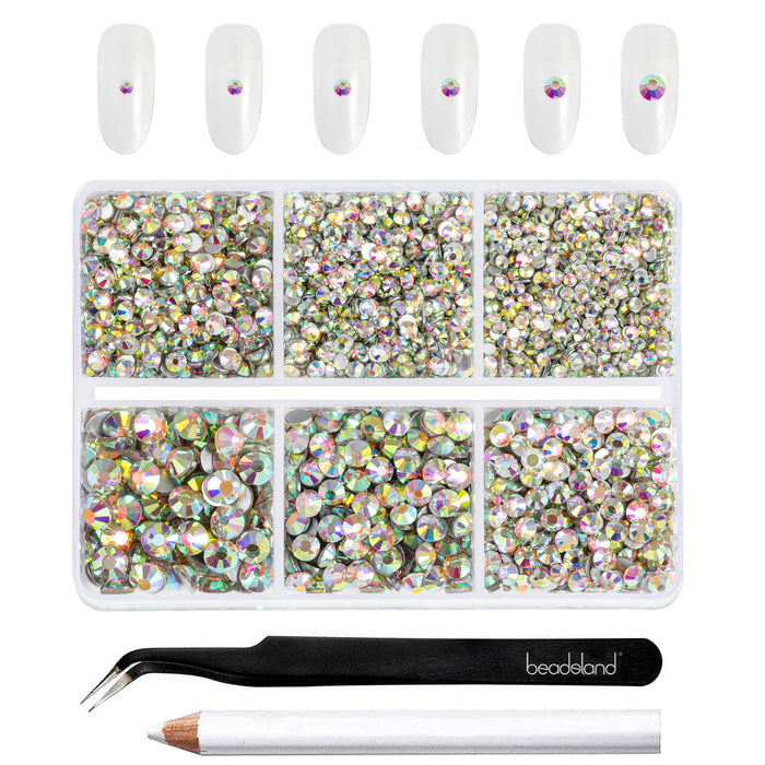 Beadsland 4300 Stück Strasssteine ​​mit flacher Rückseite, Nagelsteine, runde Kristall-Strasssteine ​​zum Basteln, gemischt in 6 Größen mit Picking-Pinzette und Wachsstift-Set – Crystal AB