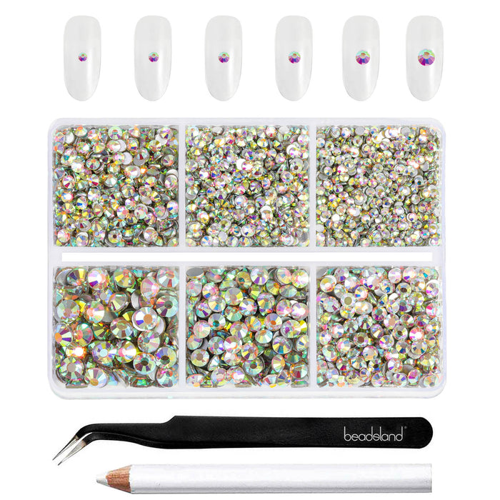 Beadsland 4300pcs Flatback Rhinestones,  Nail Gems Round Crystal Rhinestones for Crafts,Mixed 6 Sizes with Picking Tweezers and Wax Pencil Kit- Crystal AB