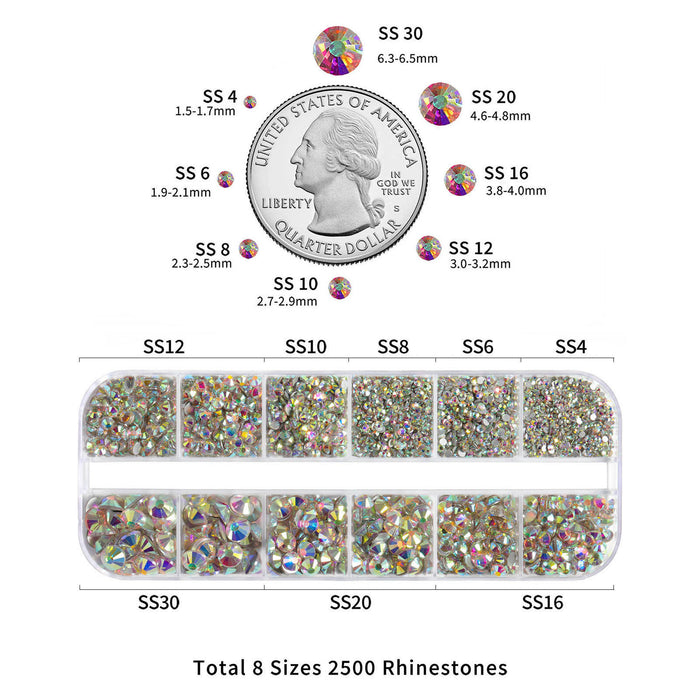 Rhinestones de Beadsland para maquillaje, 8 tamaños, 2500 piezas, diamantes de imitación con reverso plano, gemas para la cara para uñas, manualidades con pinzas y lápiz de cera, cristal AB