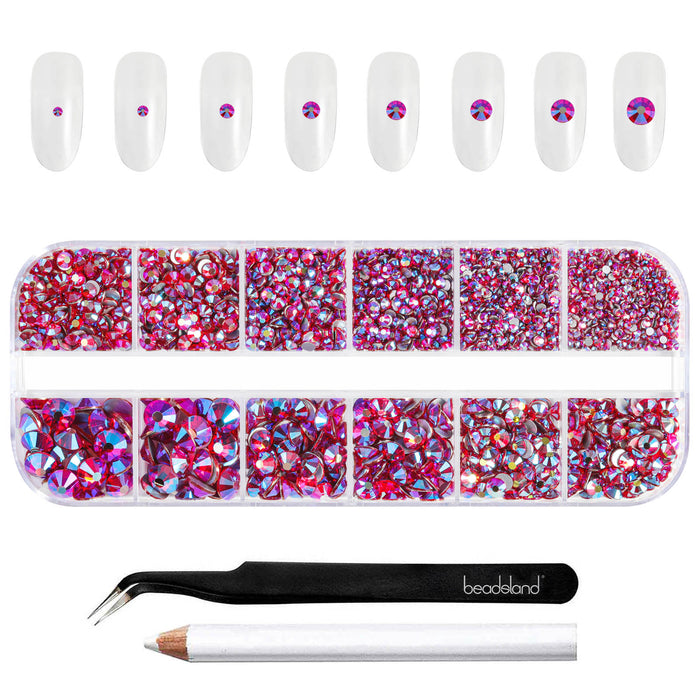 Beadsland Rhinestones for Makeup,8 sizes 2500pcs Flatback Rhinestones Face Gems for Nails Crafts with Tweezers and Wax Pencil- Light SiamAB