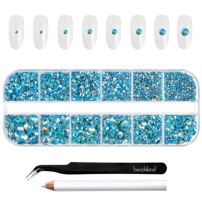 Beadsland Strasssteine ​​für Make-up, 8 Größen, 2500 Stück, flache Rückseite, Gesichtsedelsteine ​​für Nägel, Basteln mit Pinzette und Wachsstift, AquamarinAB