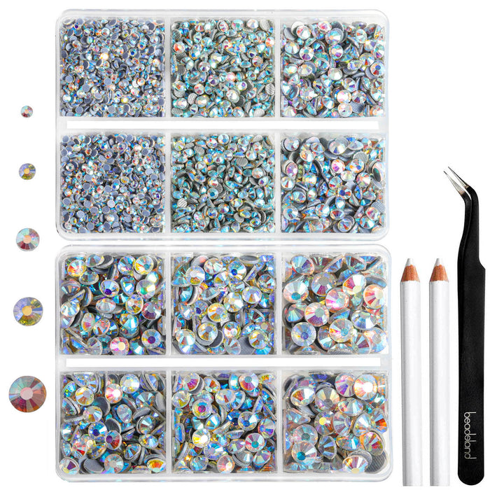 6736 piezas de diamantes de imitación Hotfix para manualidades, ropa, mezcla de 5 tamaños, cristales Hotfix con pinzas y kit de lápiz de cera, SS6-SS30- Clear AB