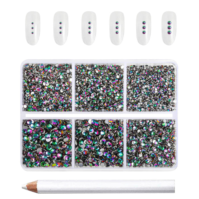 Beadsland 7200pcs Flatback Rhinestones,Nail Gems Round Crystal Rhinestones for Crafts,Mixed 6 Sizes with Wax Pencil Kit, SS3-SS10- Crystal AB